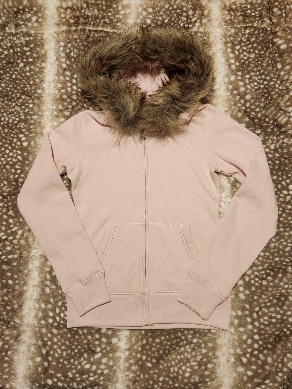 Hollister light pink fux fur trim zip up hoodie jacket